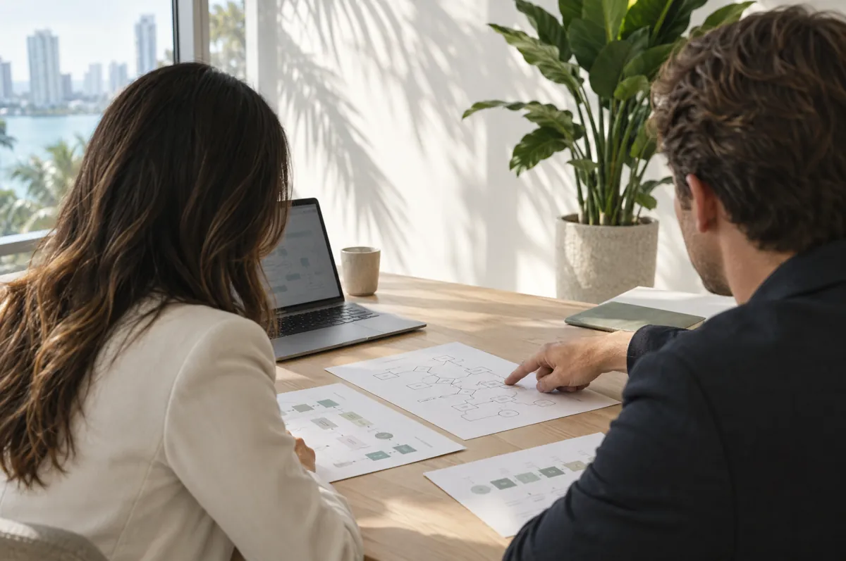 Two people reviewing printed process maps at a desk by a window