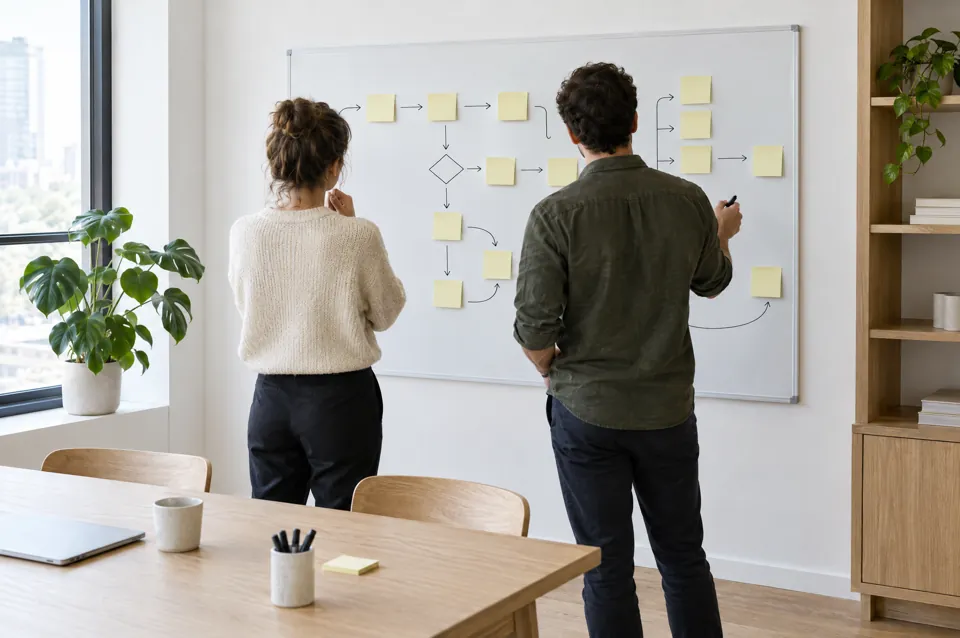 Two people mapping a workflow on a whiteboard